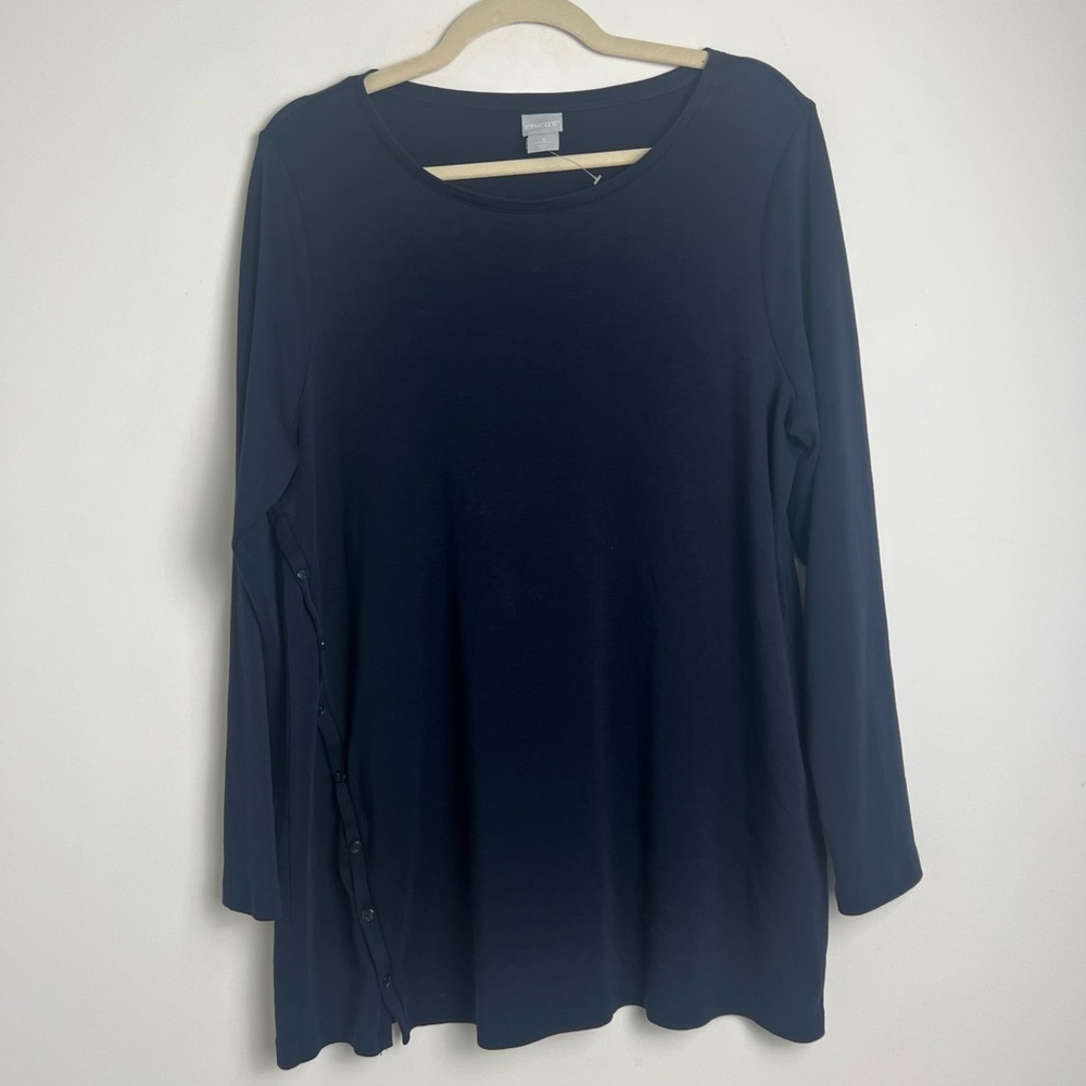 NWOT‎ Chico's XL Navy Blue 100% Pima Cotton Side Button Detail Long Sleeve Top